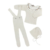 CARMINA 3PC KNIT COLLARED TOP WITH SUSPENDER PANTS & BONNET SET